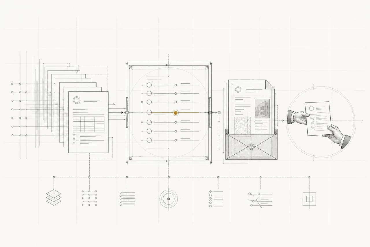 Monochrome technical illustration of a USPTO TSDR trademark record passing through a monitoring system into an evidence package and counsel review.