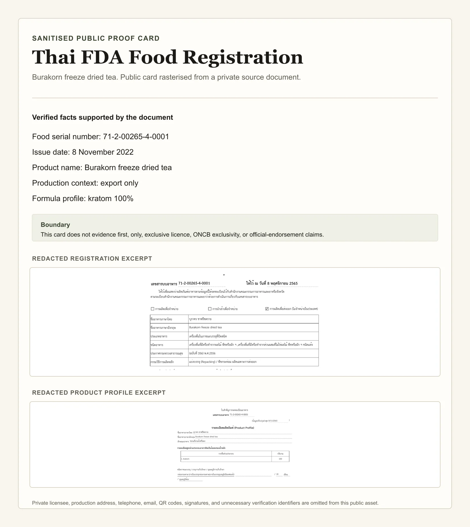 Sanitised public proof card for the Thai FDA food registration of Burakorn freeze dried tea.