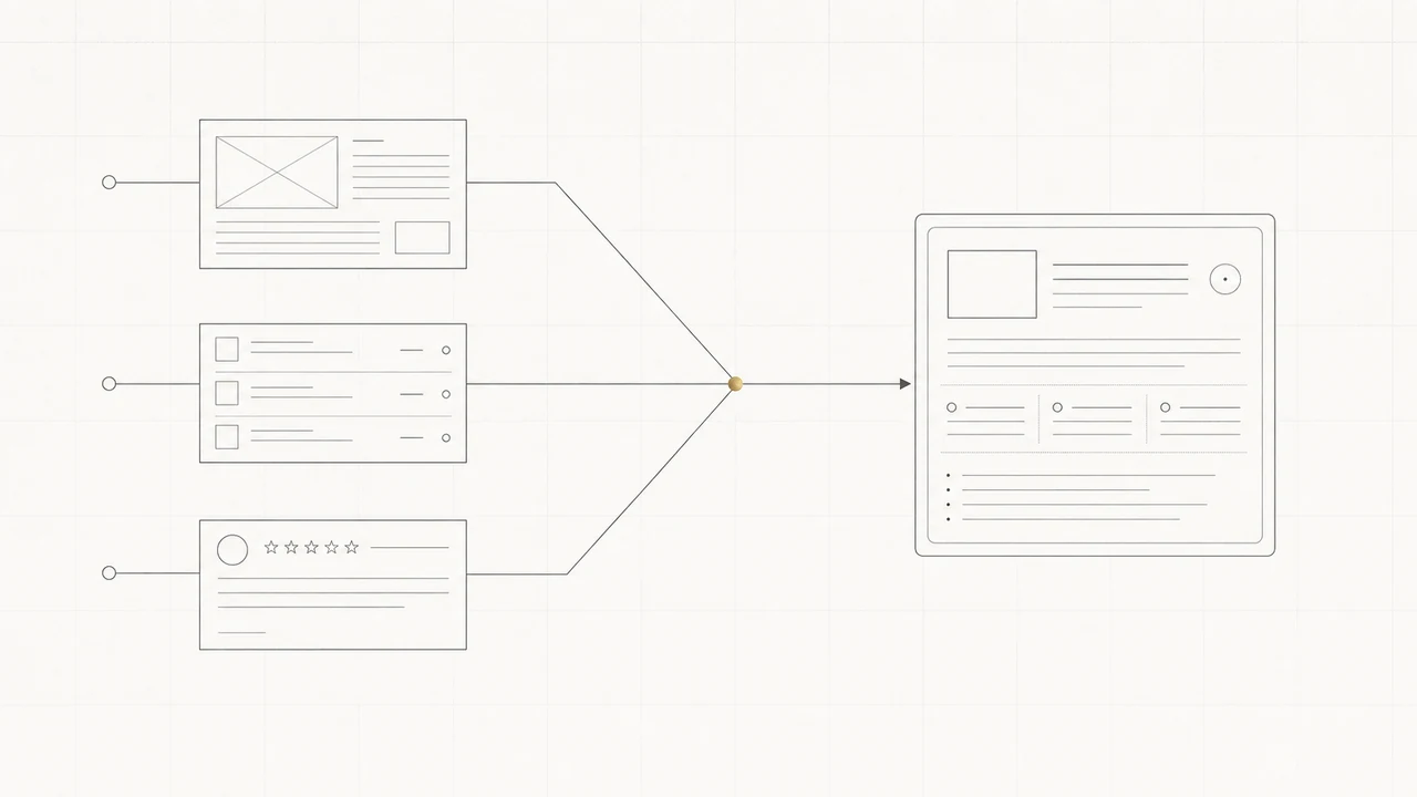 A monochrome technical diagram of several public source records converging into a machine-generated answer.