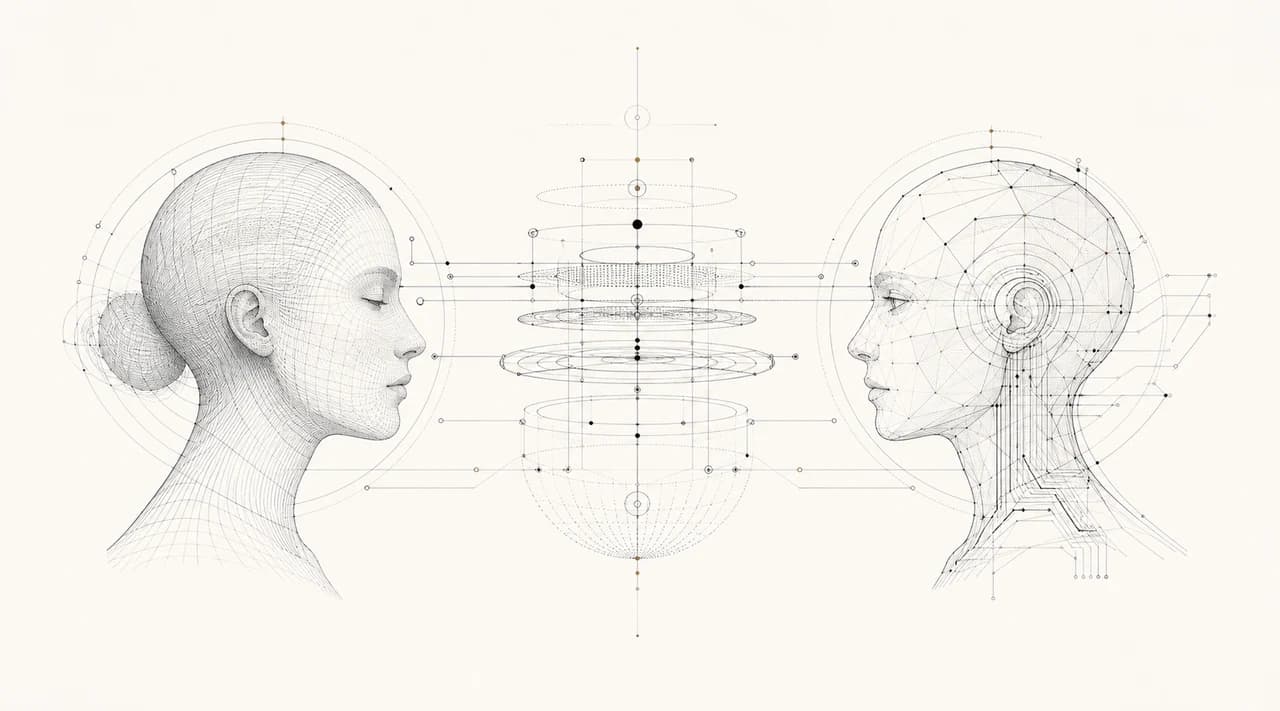 A human and an AI profile face each other across an architectural network representing a portable personal context layer.