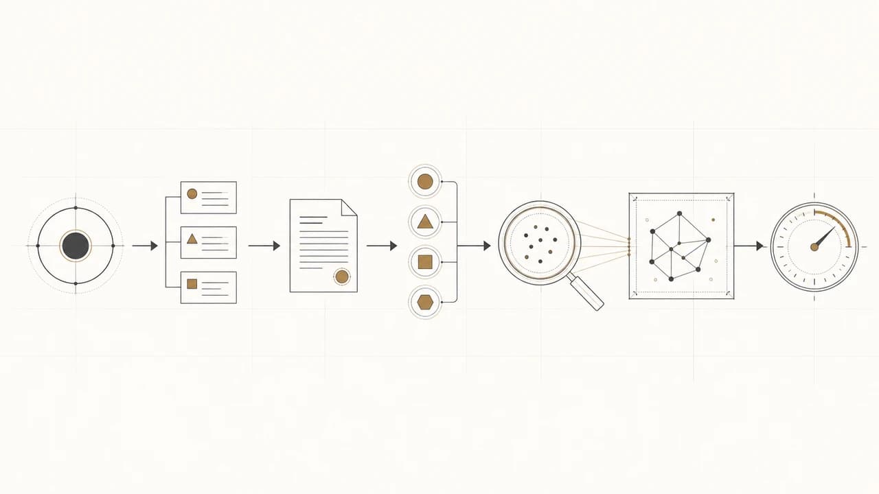 A monochrome technical diagram tracing an entity through claims, evidence, sources, retrieval, representation, observation, and measurement.