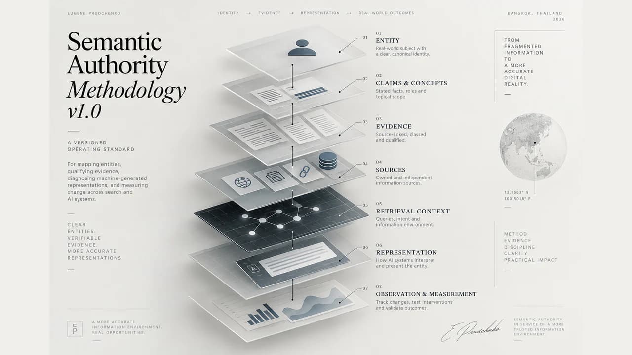 A monochrome technical diagram tracing an entity through claims, evidence, sources, retrieval, representation, observation, and measurement.