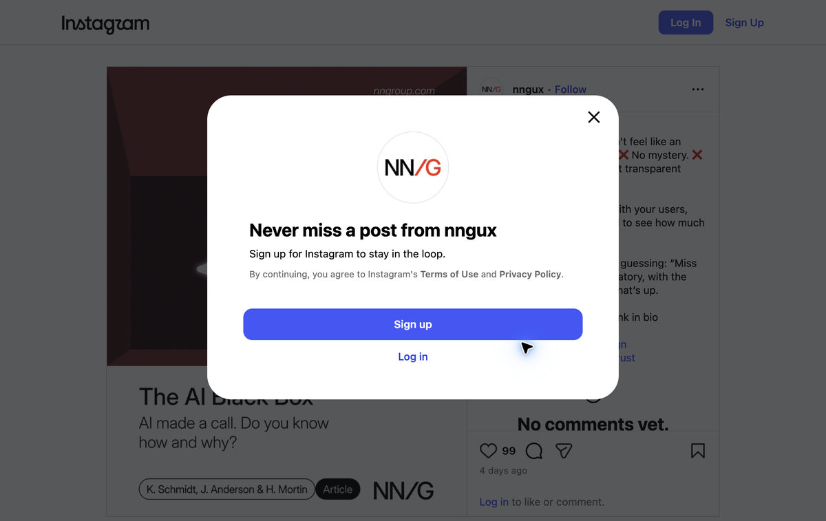 Signed-out Instagram destination for nngux with signup modal visible