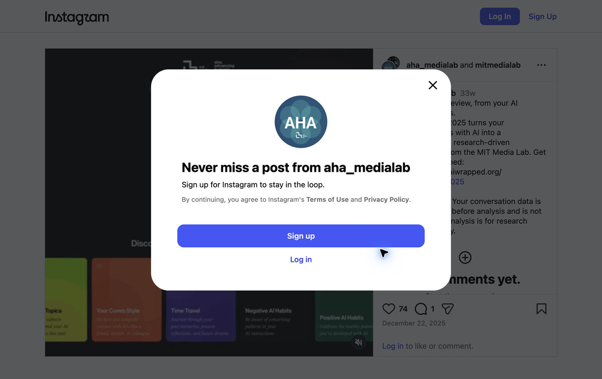 Signed-out Instagram destination for aha_medialab with signup modal visible