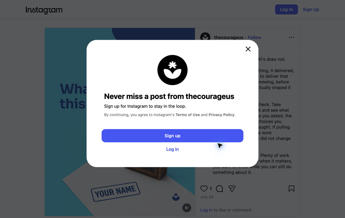 Signed-out Instagram destination for thecourageus with signup modal visible