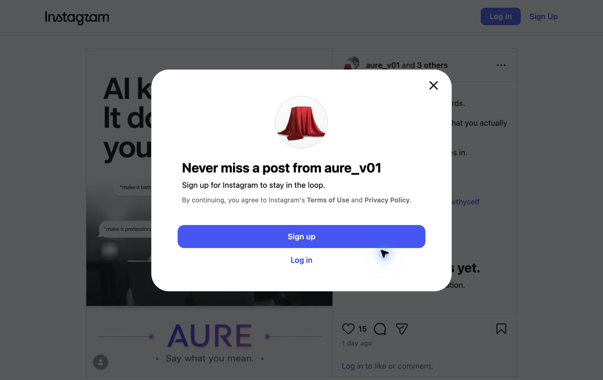 Signed-out Instagram destination for aure_v01 with signup modal visible