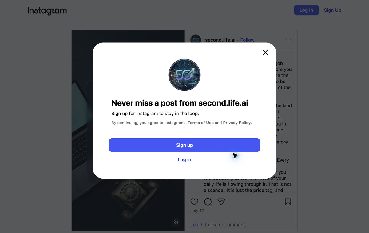 Signed-out Instagram destination for second.life.ai with signup modal visible