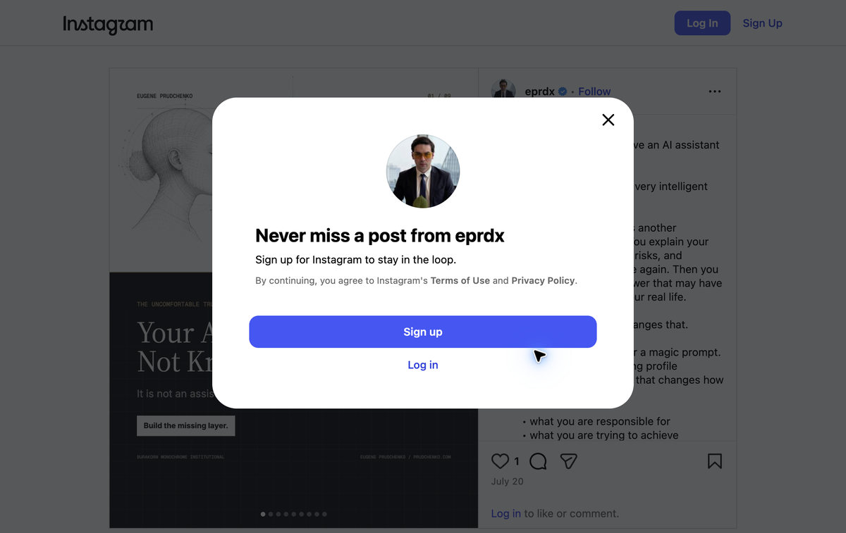 Signed-out eprdx Instagram destination showing Prudchenko.com material with signup modal visible