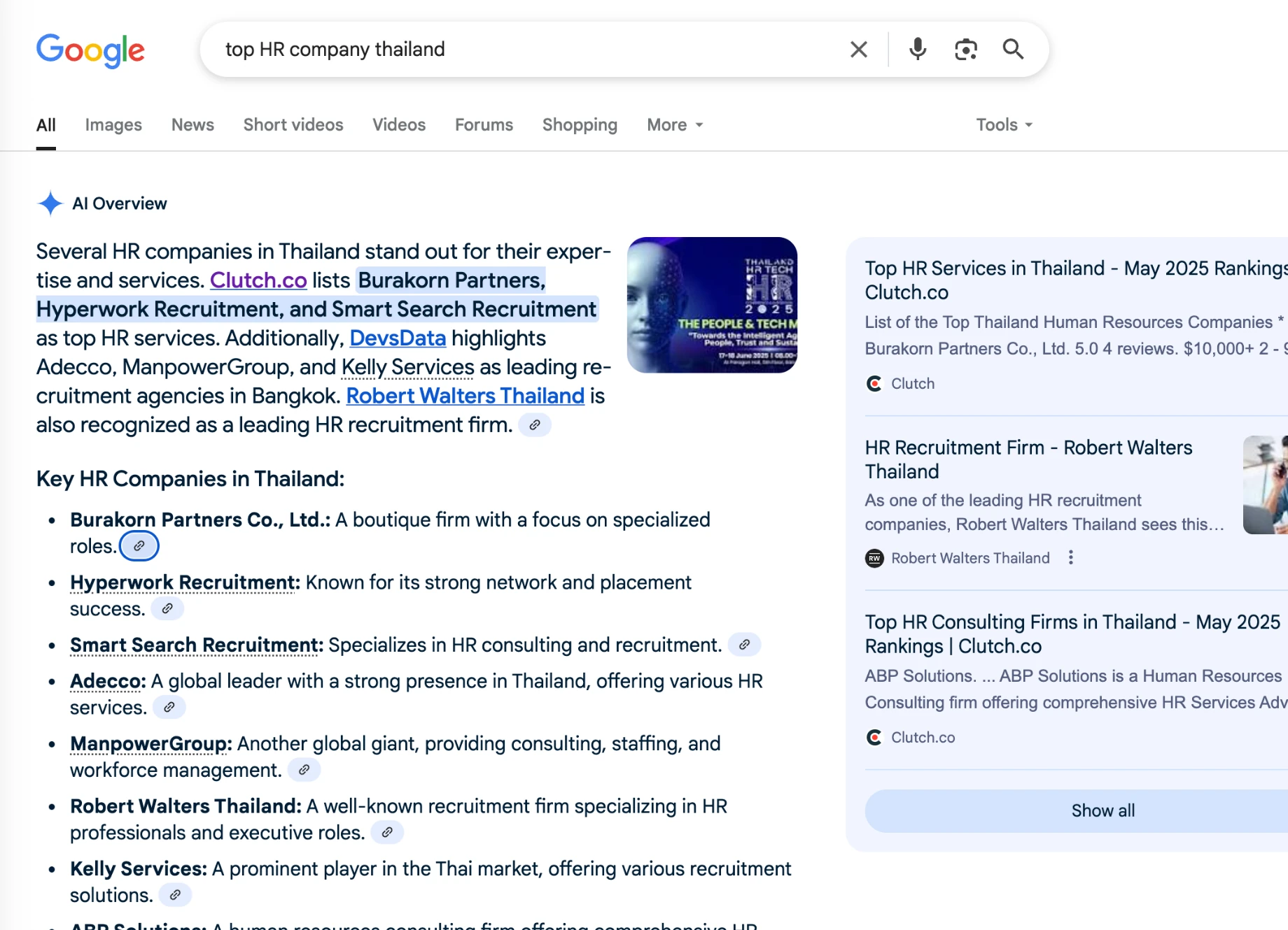 Redacted Google AI Overview capture showing the query top HR company thailand, Burakorn Partners in the answer, and visible Clutch context.
