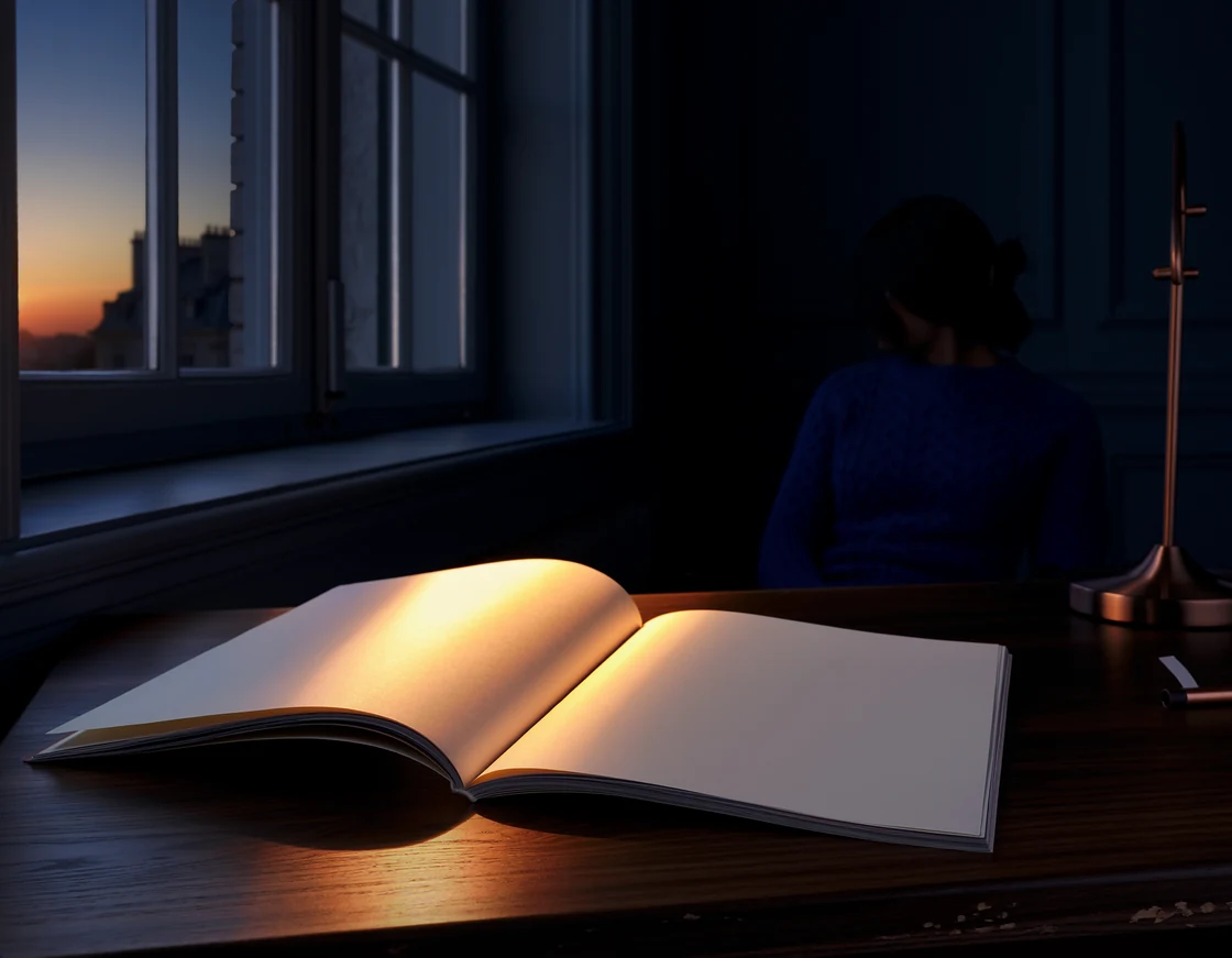 An open book illuminated by a focused warm beam of light, representing attention rewarded by understanding.