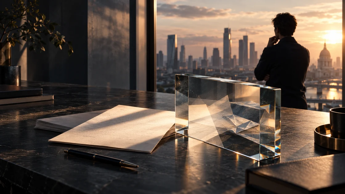 A person standing by a city window while paper and glass on a desk suggest a message examined from another perspective.