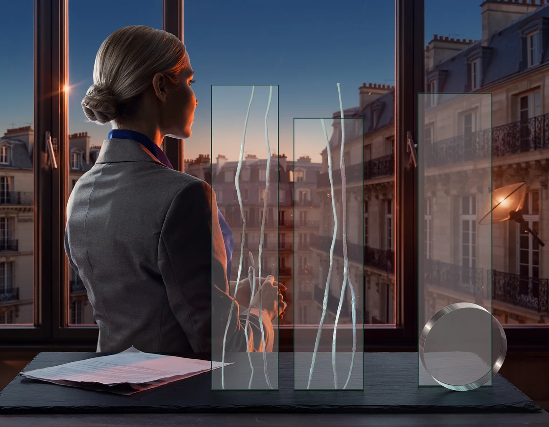 A professional considering transparent panes beside a document, a metaphor for separating evidence from interpretation.