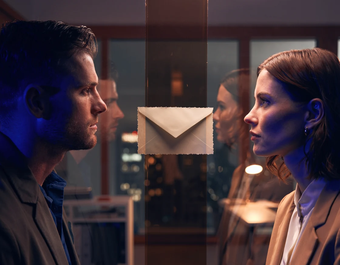 Two people facing each other across transparent glass with one letter between them.
